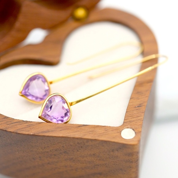 14K Yellow Gold Amethyst Drop earrings 1.5” dangle minimalist Luxe jewelry - Picture 14 of 14